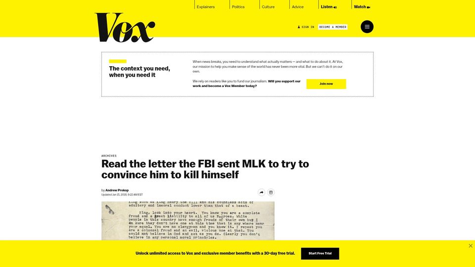 Screenshot of nytimes.com: ‘You Are Done’: The letter sent to King by the F.B.I (2014)