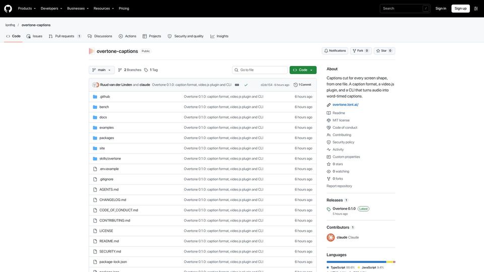 Screenshot of github.com: Show HN: Overtone – Transcribe, correct and cut captions for any screen shape