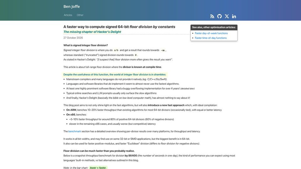 Screenshot of benjoffe.com: A new faster algorithm to compute 64-bit signed floor division