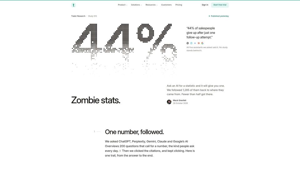 Screenshot of trakkr.ai: Zombie stats: Where the numbers AI quotes come from