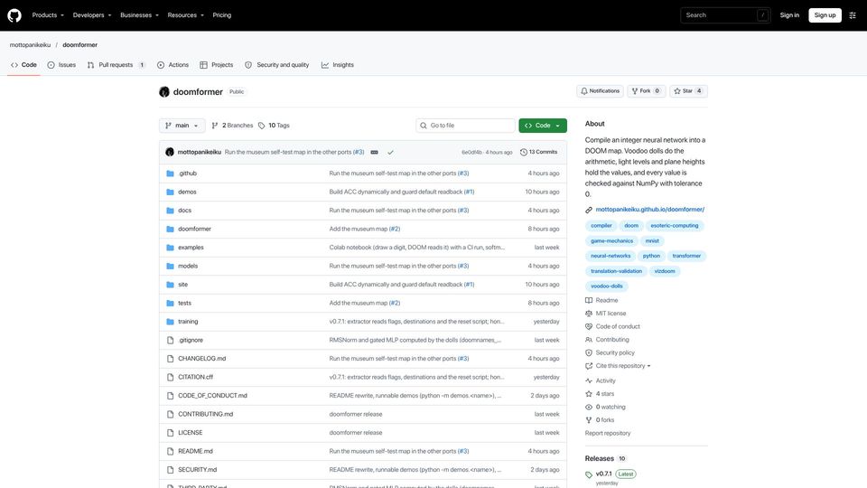 Screenshot of github.com: Show HN: I Turned DOOM into a Transformer