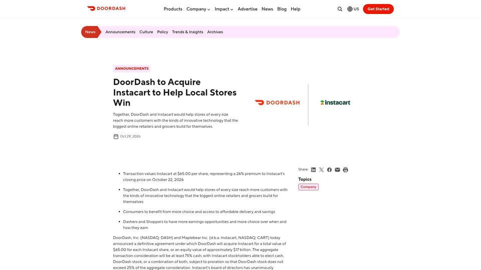 Screenshot of about.doordash.com: DoorDash is acquiring Instacart for $17B