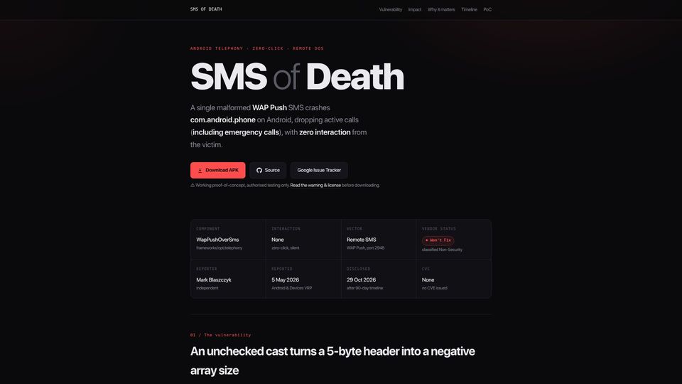 Screenshot of smsofdeath.com: Zero click, silent, remote Android DoS