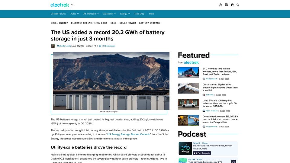 Screenshot of electrek.co: The US added a record 20.2 GWh of battery storage in just 3 months