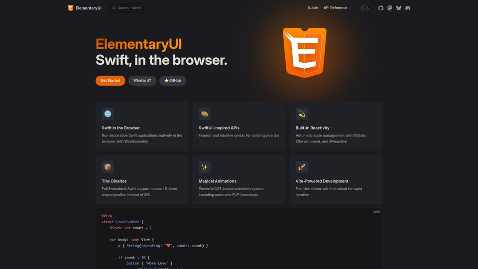 Screenshot of elementary.codes: ElementaryUI – Swift, in the Browser