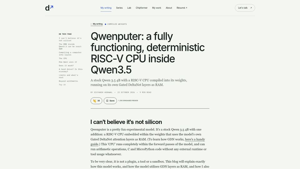 Screenshot of divagr.com: Qwenputer: A functioning, deterministic RISC-V CPU inside Qwen3.5