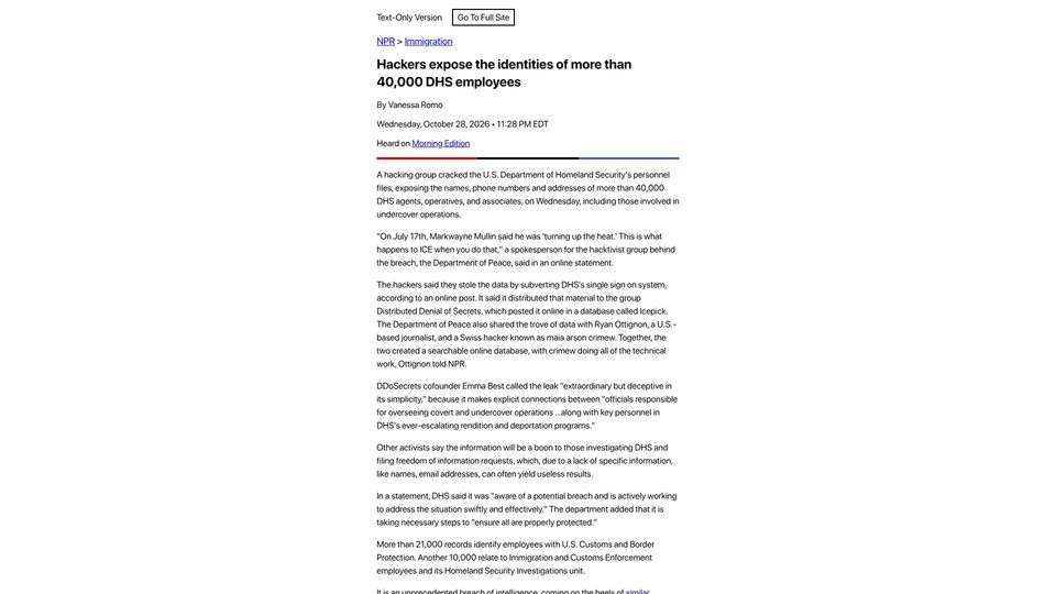 Screenshot of text.npr.org: Hackers expose the identities of more than 40k DHS employees