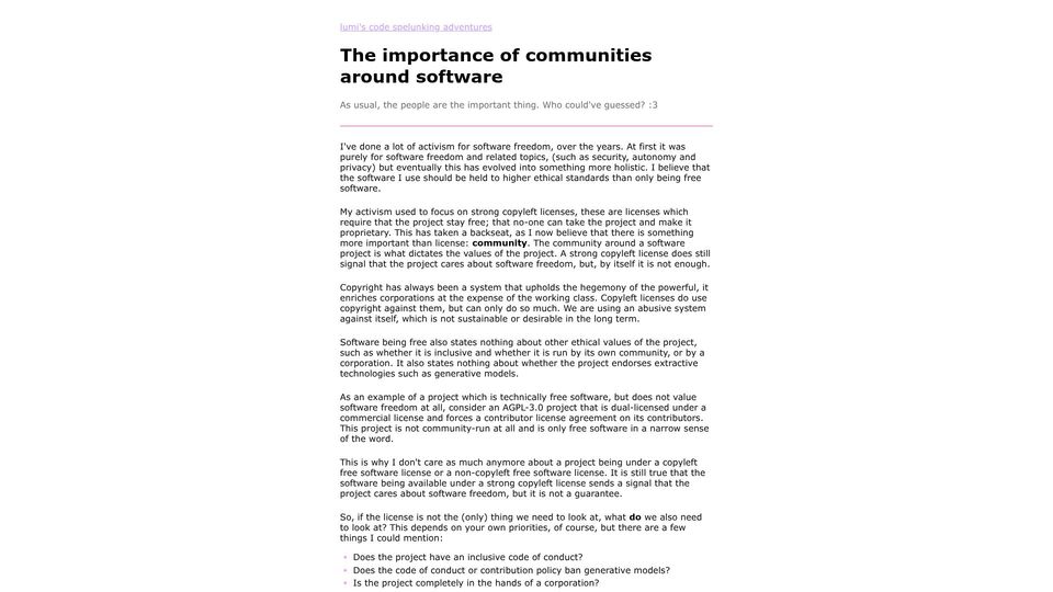Screenshot of lumi.codeberg.page: The importance of communities around software