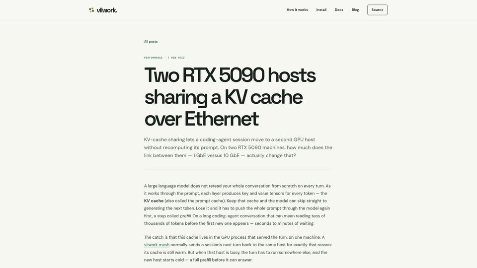 Screenshot of viiwork.pulu.app: Two RTX 5090 hosts sharing a KV cache over Ethernet