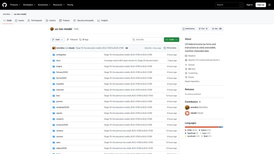Screenshot of github.com: Show HN: A proof-of-concept formalization of the IRS federal tax forms