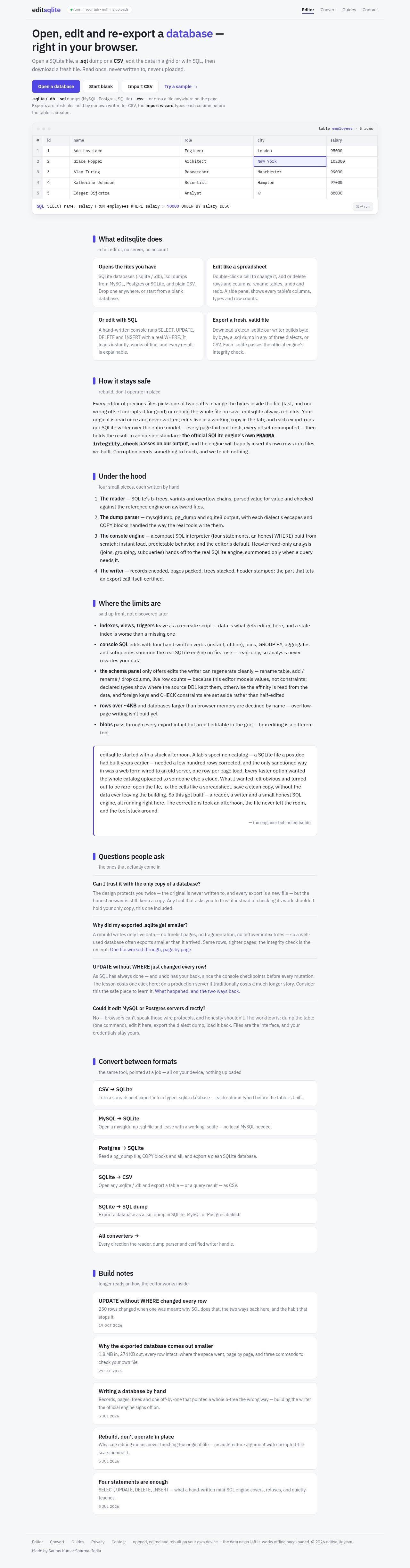 Full-page screenshot of editsqlite.com