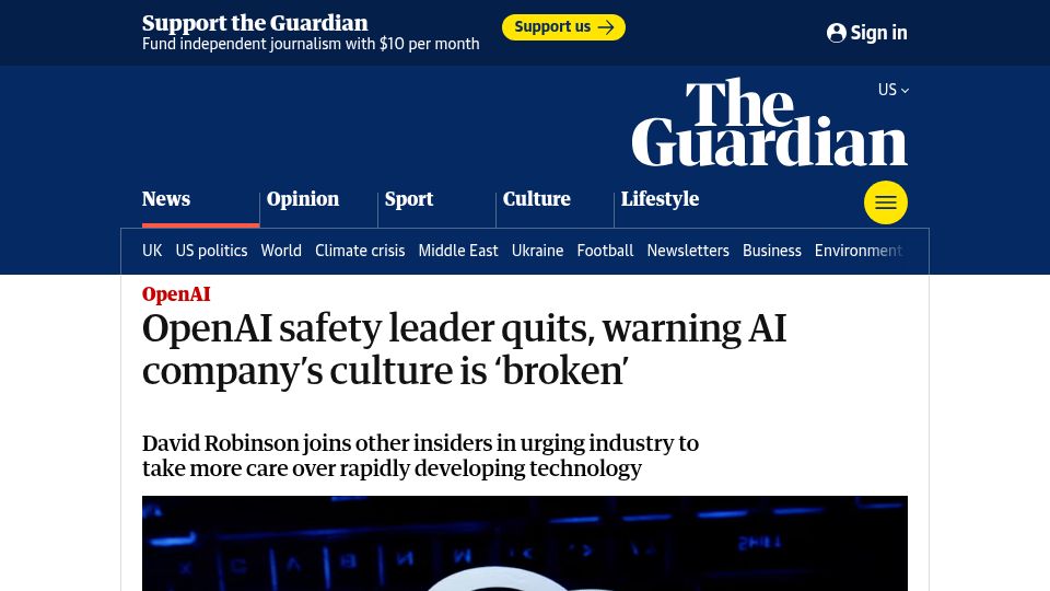 Screenshot of theguardian.com: OpenAI safety leader quits, warning AI company's culture is 'broken'