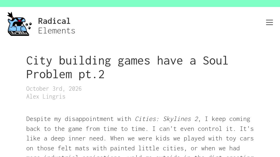 Screenshot of radical-elements.com: City building games have a Soul Problem pt.2