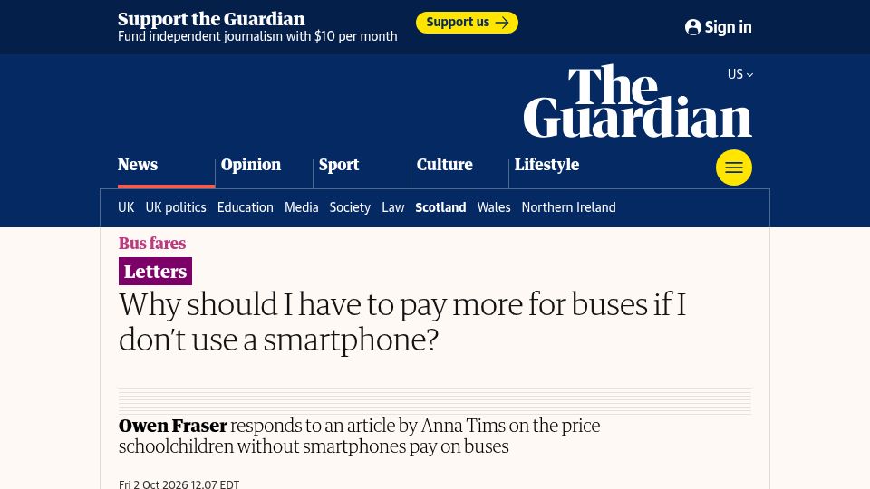 Screenshot of theguardian.com: Why should I have to pay more for buses if I don't use a smartphone?