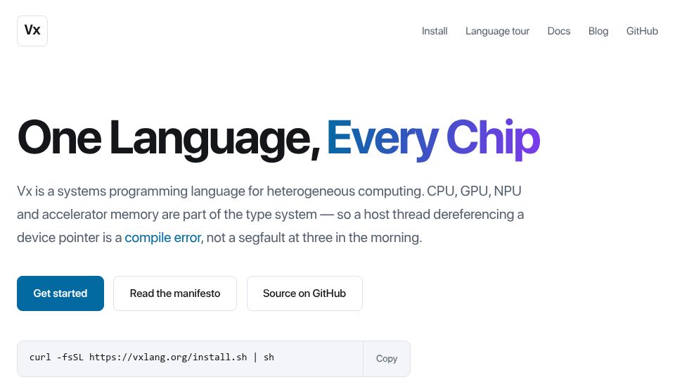 Screenshot of vxlang.org: Vx – One Language, Every Chip