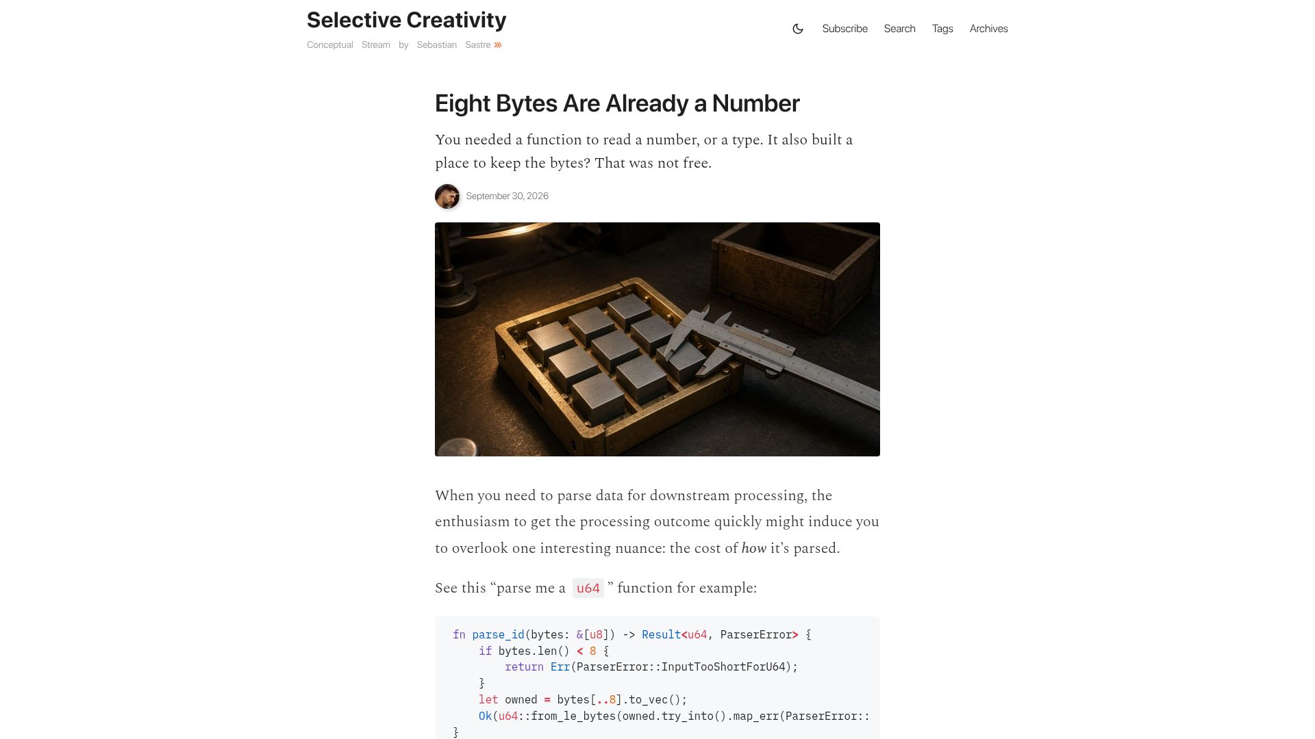 Screenshot of blog.sebastiansastre.co: Eight Bytes Are a Number