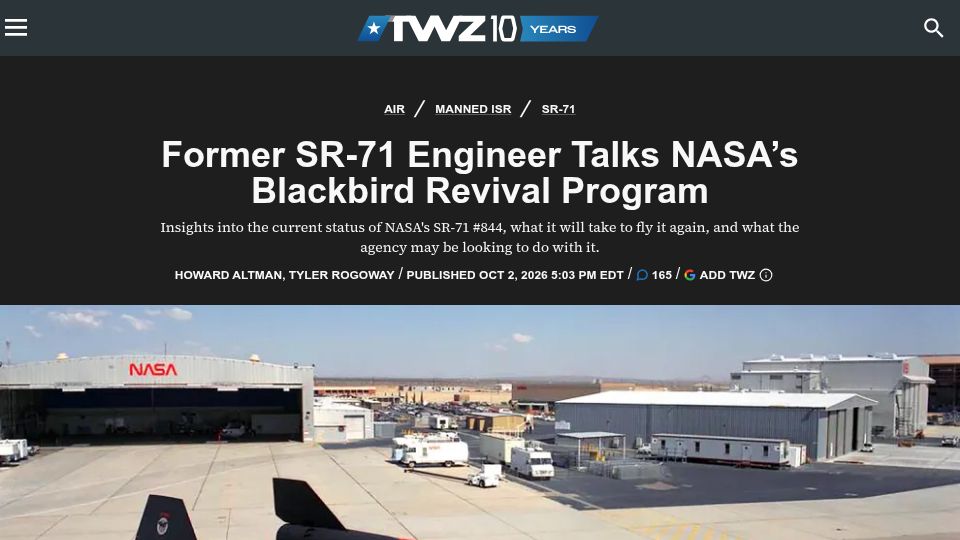Screenshot of twz.com: Former SR-71 engineer talks NASA's Blackbird revival program