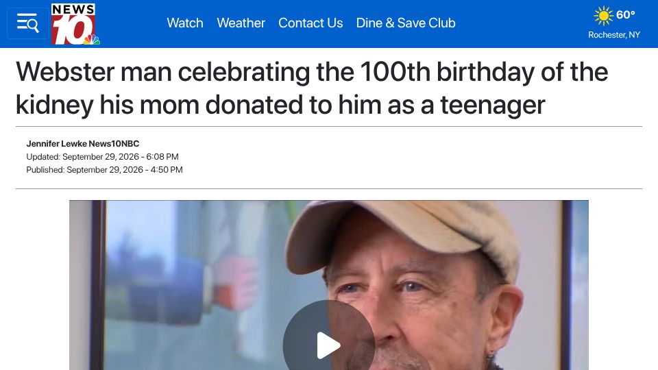 Screenshot of whec.com: Celebrating the 100th birthday of the kidney donated to him as a teenager