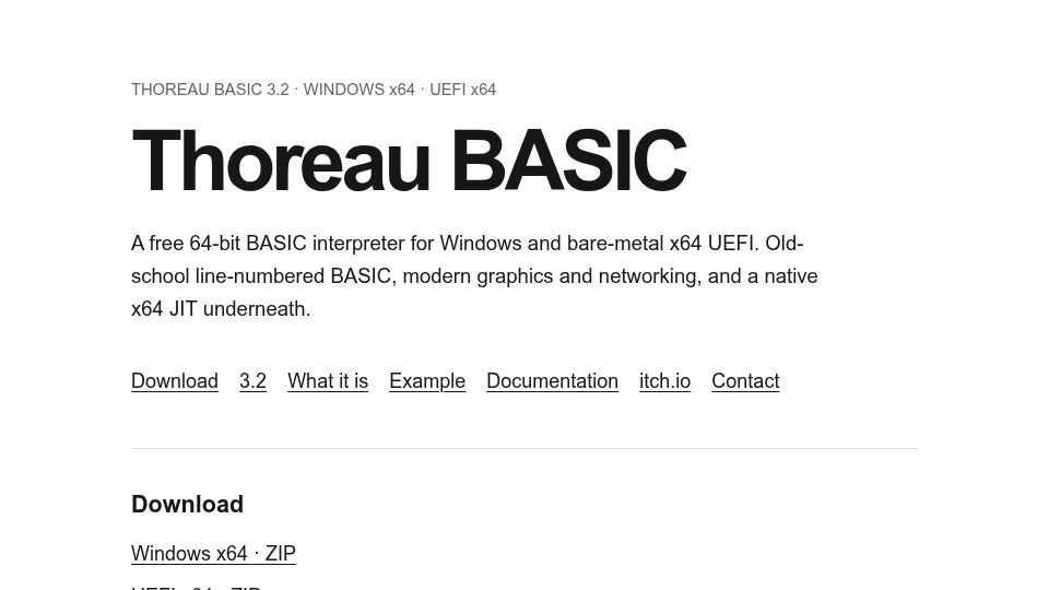 Screenshot of thoreaubasic.com: Show HN: Thoreau BASIC – What if BASIC hadn't gone out of fashion?