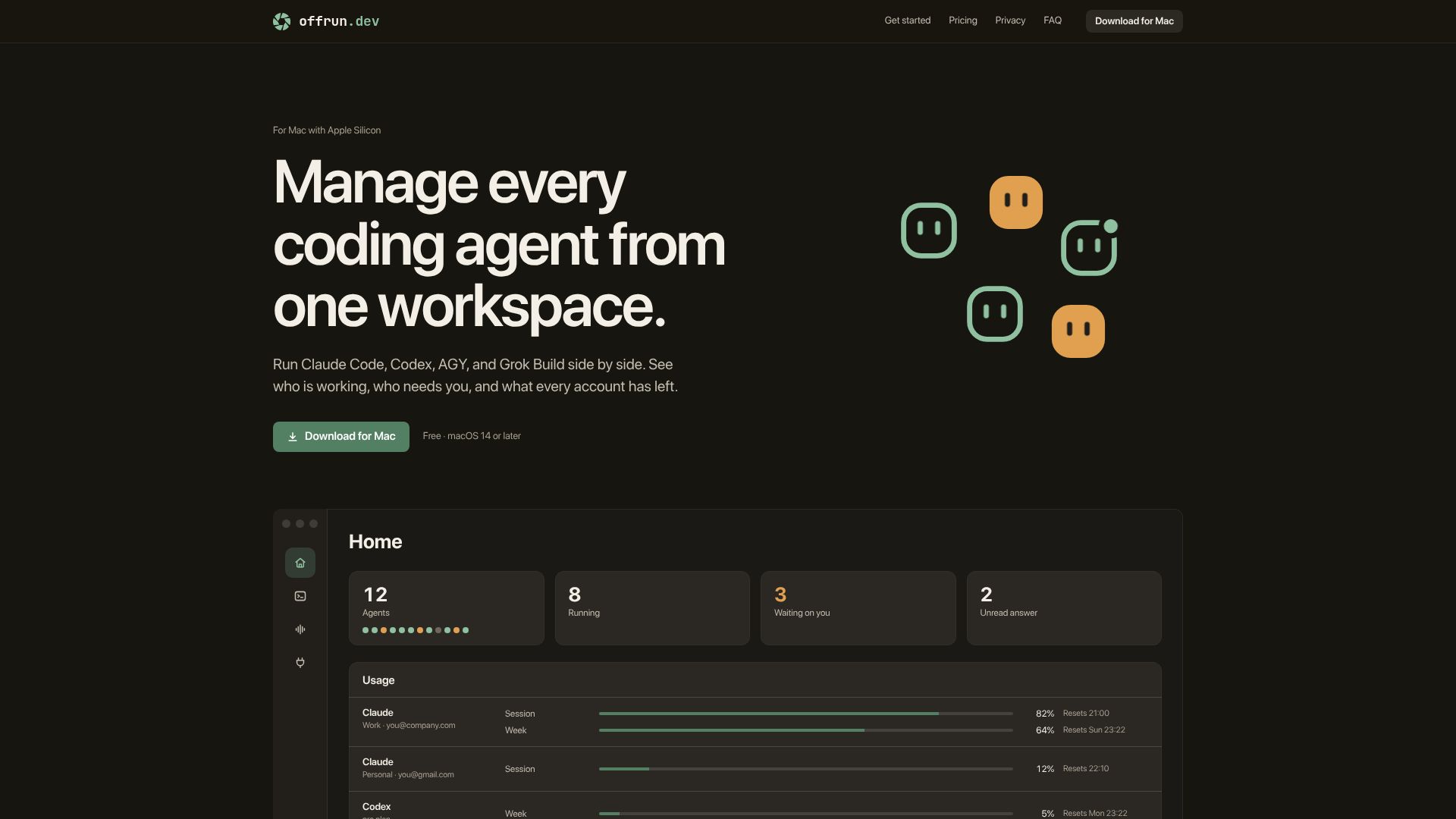 Screenshot of offrun.dev: Show HN: Offrun – manage every coding agent from one workspace