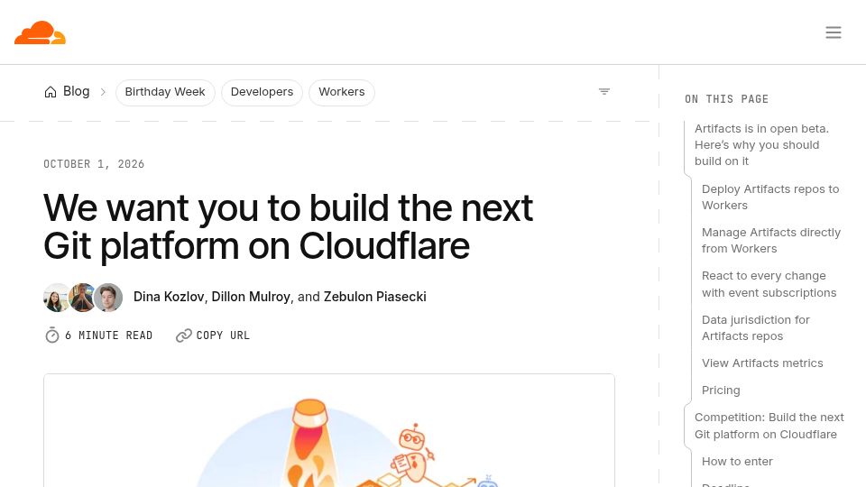 Screenshot of blog.cloudflare.com: We want you to build the next Git platform on Cloudflare