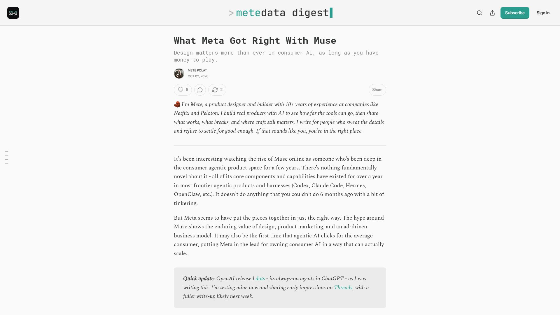 Screenshot of metedata.substack.com: What Meta got right with Muse