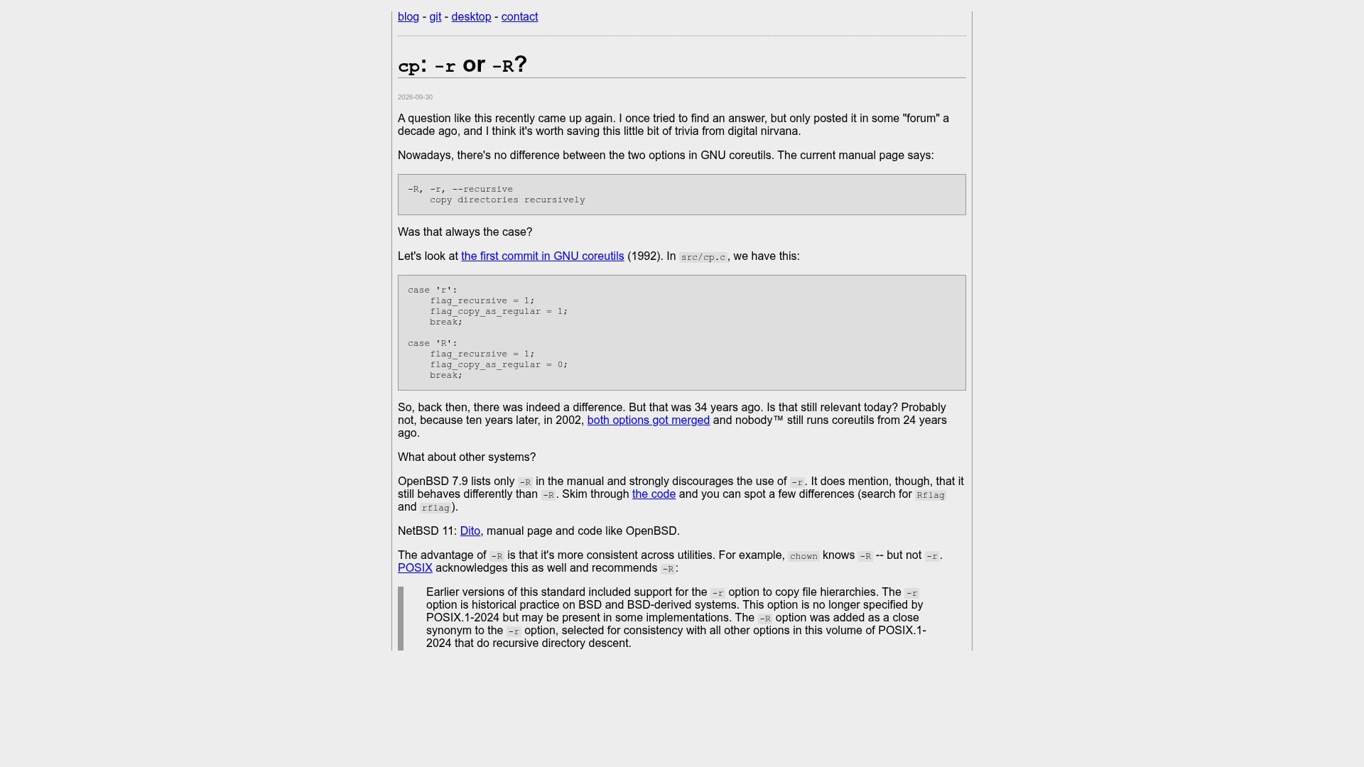 Screenshot of movq.de: cp: -r or -R?