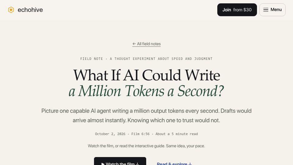Screenshot of echohive.ai: What if AI worked at 1.000.000 tokens per seconds?