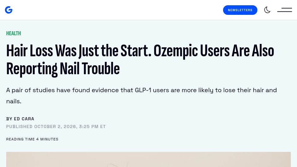 Screenshot of gizmodo.com: Hair Loss Was Just the Start. Ozempic Users Are Also Reporting Nail Trouble