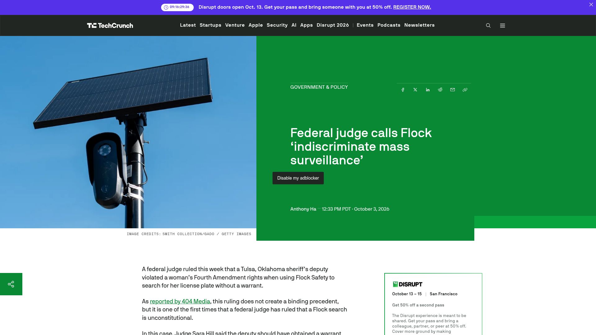 Screenshot of techcrunch.com: Federal judge calls Flock 'indiscriminate mass surveillance'