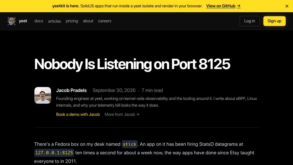 Screenshot of yeet.cx: Nobody Is Listening on Port 8125