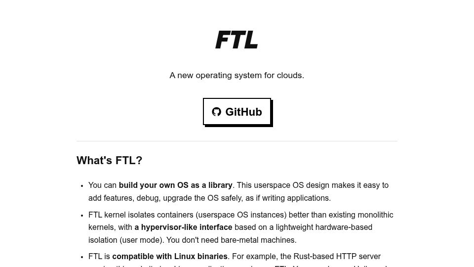 Screenshot of ftl-os.org: FTL: A new operating system for clouds