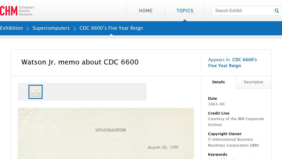 Screenshot of computerhistory.org: Watson Jr. memo about CDC 6600 (1963)