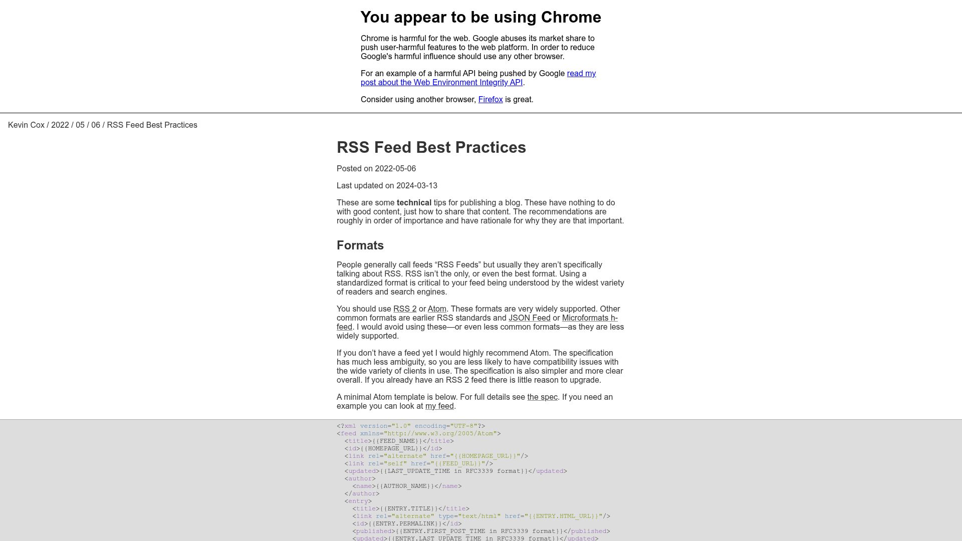 Screenshot of kevincox.ca: RSS Feed Best Practices (2022)