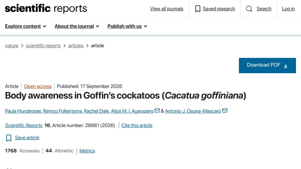 Screenshot of nature.com: Body Awareness in Goffin's Cockatoos