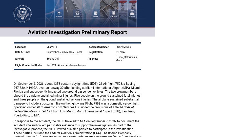 Screenshot of ntsb.gov: NTSB Preliminary Report: Prime Air 767 Runway Overrun [pdf]