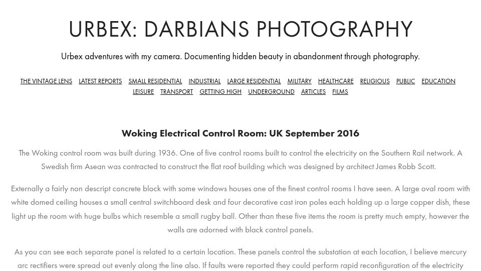 Screenshot of darbiansphotography.com: Woking Electrical Control Room (2016)