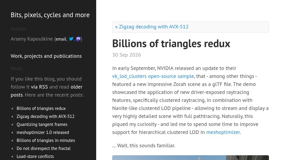 Screenshot of zeux.io: Billions of triangles redux