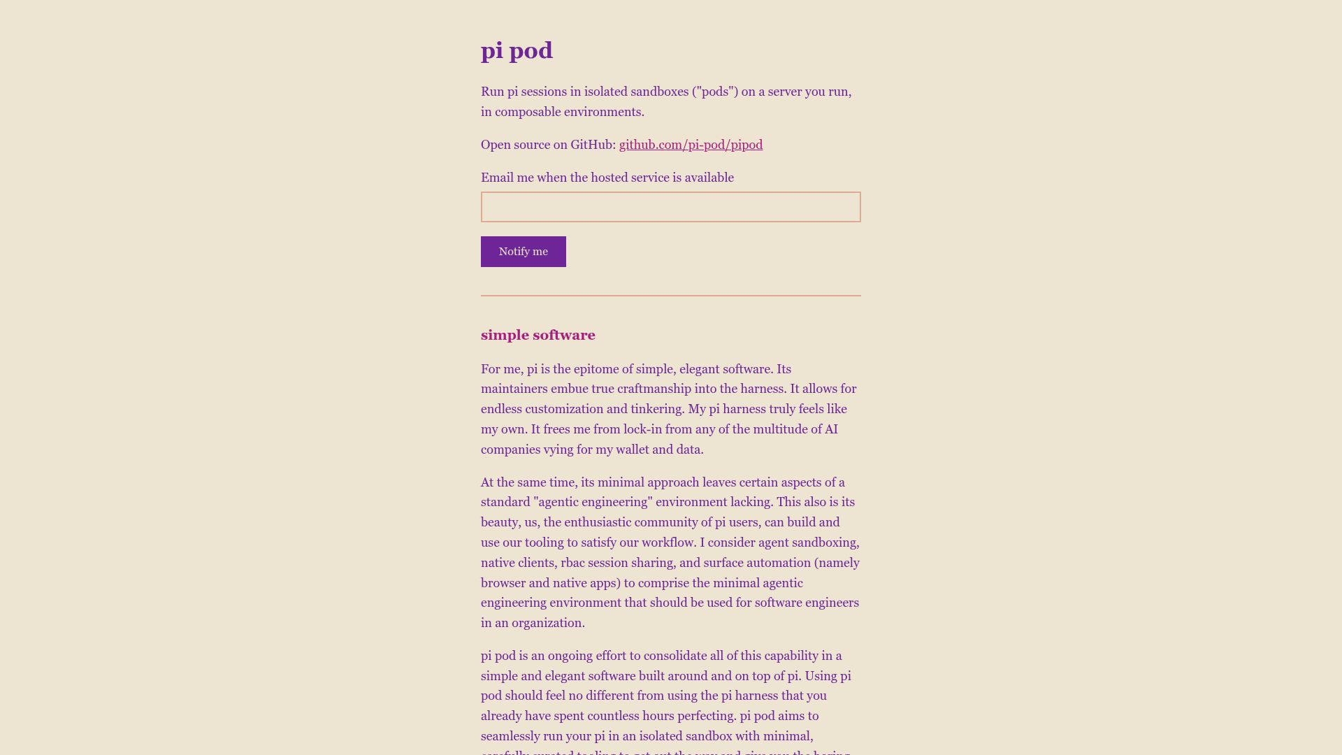 Screenshot of pipod.dev: Show HN: Pi pod – Run your pi coding agent in sandboxes on your own server