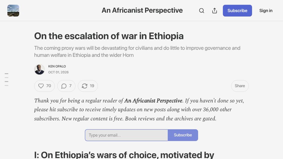 Screenshot of africanistperspective.com: The Escalation of War in Ethiopia