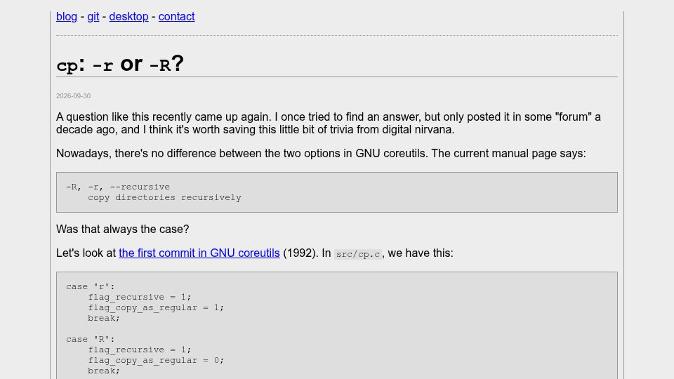 Screenshot of movq.de: cp: -r or -R?