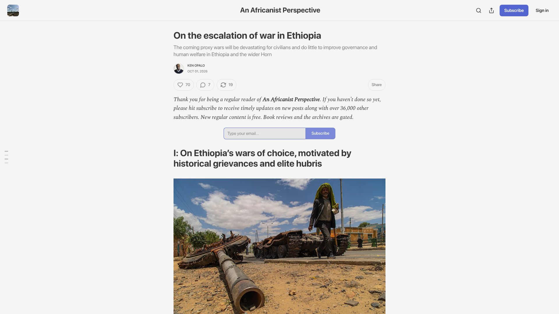 Screenshot of africanistperspective.com: The Escalation of War in Ethiopia