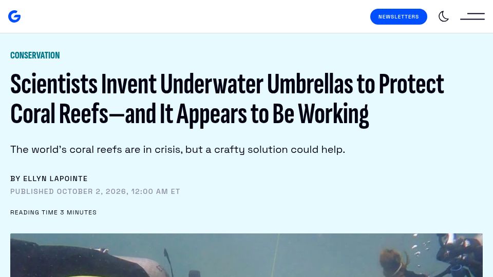 Screenshot of gizmodo.com: Scientists invent underwater umbrellas to protect coral reefs