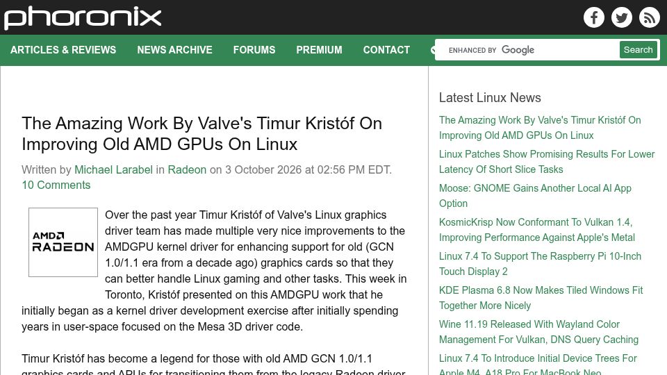 Screenshot of phoronix.com: The work by Valve's Timur Kristóf on improving old AMD GPUs on Linux