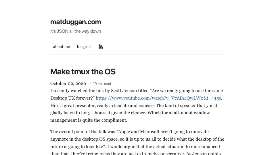 Screenshot of matduggan.com: Make Tmux the OS