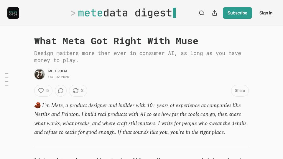 Screenshot of metedata.substack.com: What Meta got right with Muse