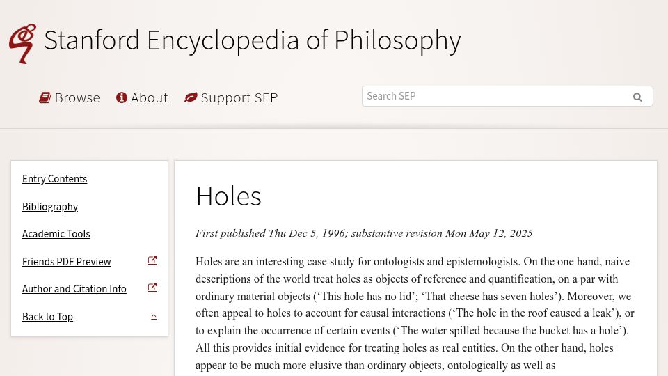 Screenshot of plato.stanford.edu: Holes (1996-2025)