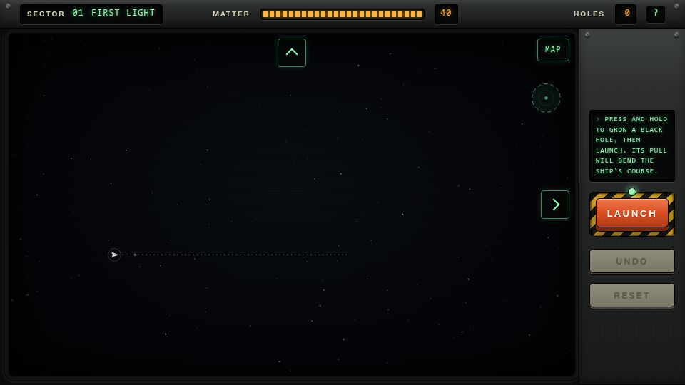 Screenshot of notoriousbfg.com: Hole Punch: Sling your spaceship around gravitational fields