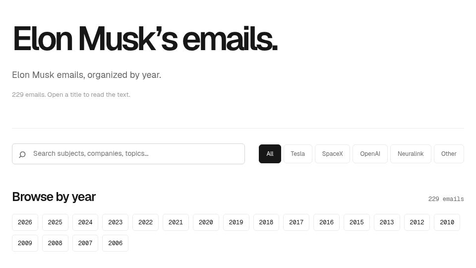 Screenshot of elonmuskmails.com: Elon Musk Emails