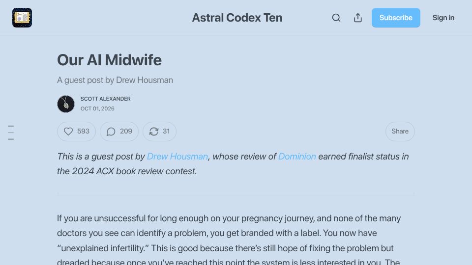 Screenshot of astralcodexten.com: Our AI Midwife